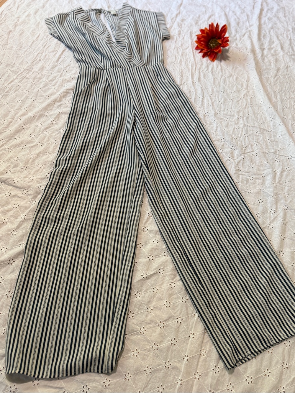 🌻Monteau Blue and White Vertical Stripe Wide-Leg Jumpsuit